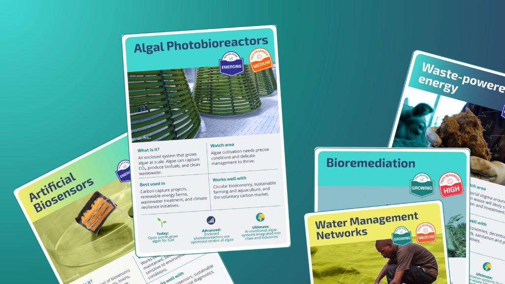 graphic showing a selection of cards which illustrate different kinds of technology. The top card shows algal photobioreactors